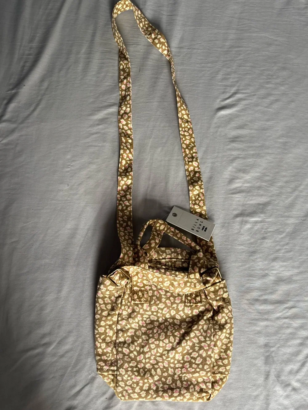 Billabong Tan Canvas Mini Backpack with Pink and Cream Print